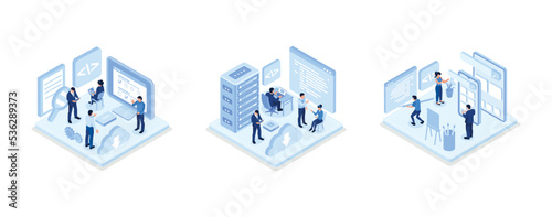 People characters developing software and sending data to cloud storage, Developers team programming and writing program code on laptop, Development process concept, isometric vector modern illustrati