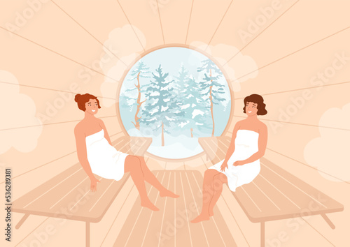 Females in barrel sauna with winter forest in window. Women wrapped in towels relax in round bathhouse. Luxury resort, spa on nature, wellness concept. Leisure healthy weekend. Vector illustration.