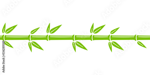 Green bamboo trunk seamless line. Bamboo branch border with leaves. Vector illustration isolated in flat style on white background.