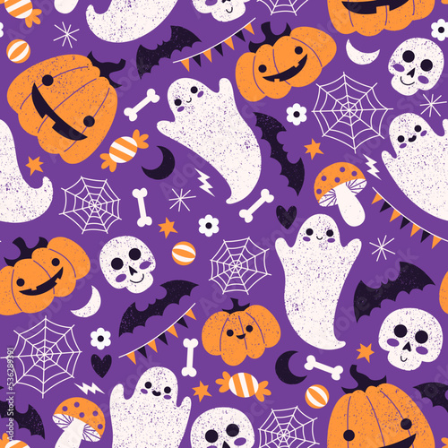 Cute halloween seamless pattern. Textured illustration of monsters. 