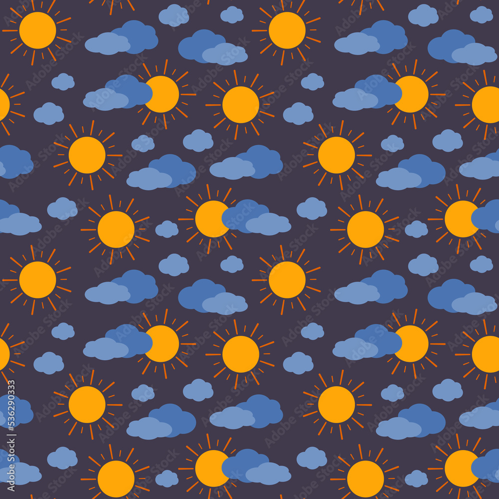 Cute simple seamless pattern with sun and cloud on violet background. Children print for textiles, wrapping paper and design. Vector flat illustration