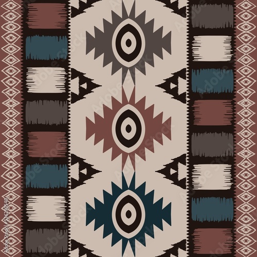 Ethnic tribal African ikat pattern. Illustration vintage tribal african aztec navajo seamless pattern design ikat style for carpet, rug, tapestry or ethnic interior decoration elements.