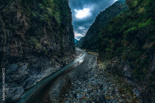 Beautiful turquoise waters river crossing a deep gorge at the Taroko National Gorge in Taiwan