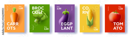 Vegetables posters set, 3d render illustrations of carrot eggplant corn eggplant and broccoli