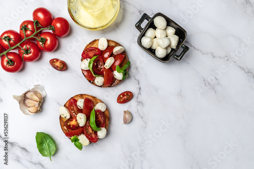 Caprese toasts with mozzarella, cherry tomatoes and fresh garden basil. Traditional italian appetizer or snack, antipasto. banner, menu, recipe place for text, top view
