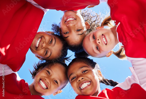 Photography Huddle, girl team or friends in soccer planning for football strategy with teamwork, sports goal or smile at stadium
