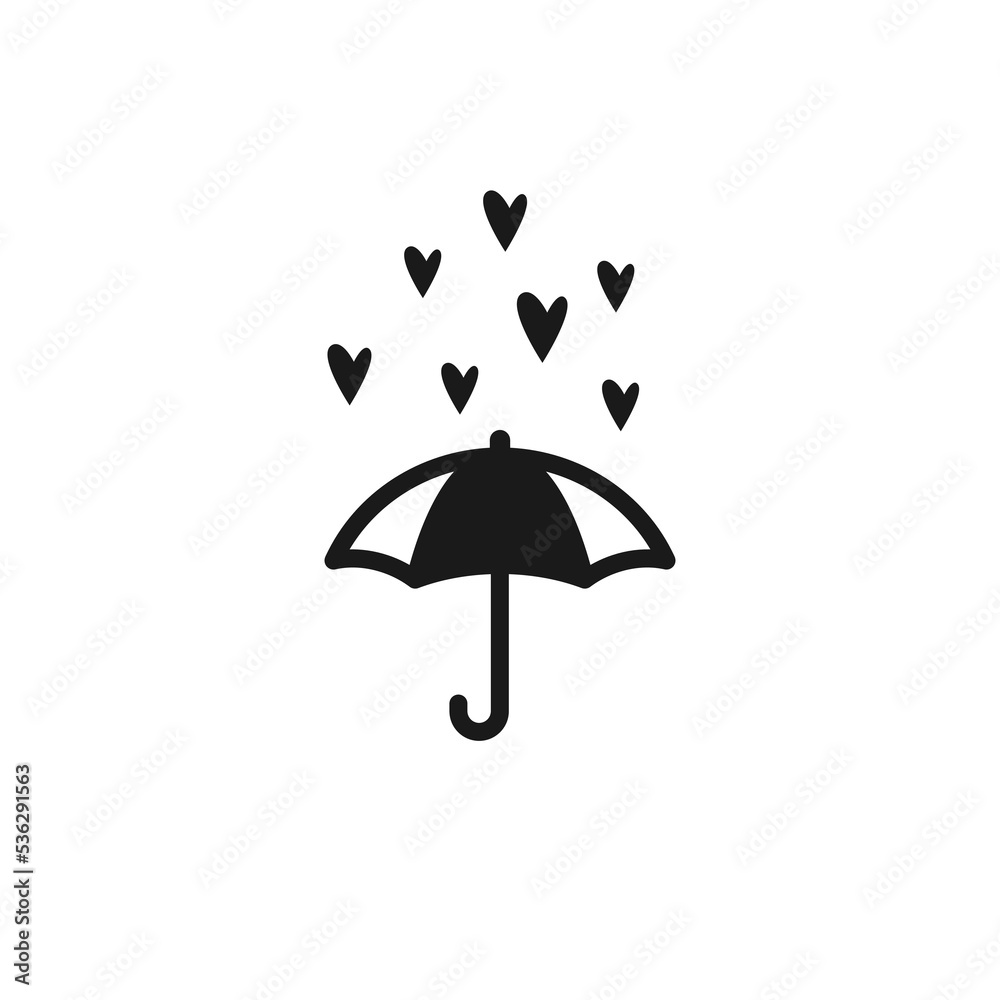 Black open umbrella with hearts rain. Flat icon isolated on white.