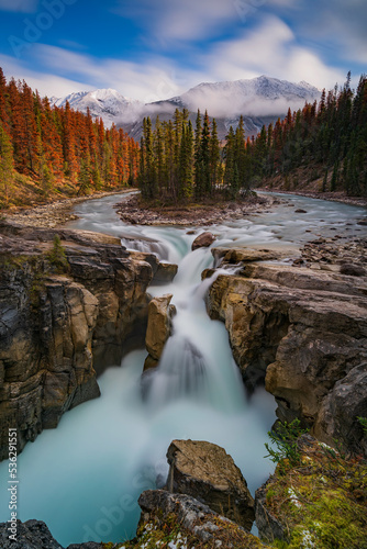 Sunwapta Falls is a pair of waterfalls of the Sunwapta River located in Jasper National Park, Alberta, Canada.