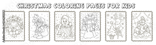 Set of the coloring pages outline. Cartoon smiling cute Santa Claus with Christmas wreath, gifts, cat, snowman, deer with Christmas three. Colorful vector illustration, winters coloring book for kids.