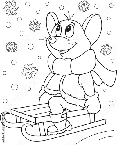Coloring page outline of cartoon smiling cute mouse on a sled with snowflakes. Colorful vector illustration, winters coloring book for kids.