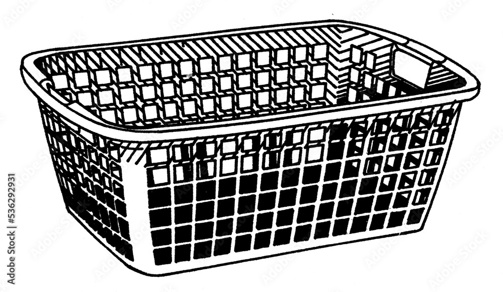Black and white illustration of a laundry basket in line technique