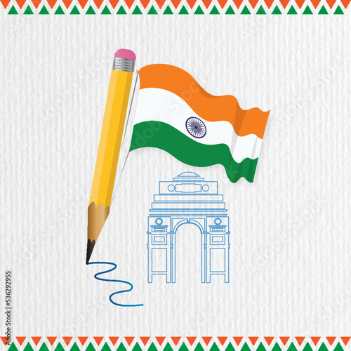 pencil draws the Indian national flag in front of the India gate