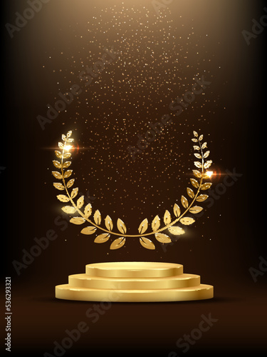 Golden podium with laurel glowing. Gold stage with glitter and light fog on dark background. Hollywood fame in film and cinema or championship in sport vector illustration