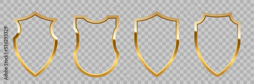 Gold shield frames set vector illustration. Realistic isolated golden armory trophy with metal coat, 3d luxury safety protection emblem of different shapes, vintage blank shiny royal award collection