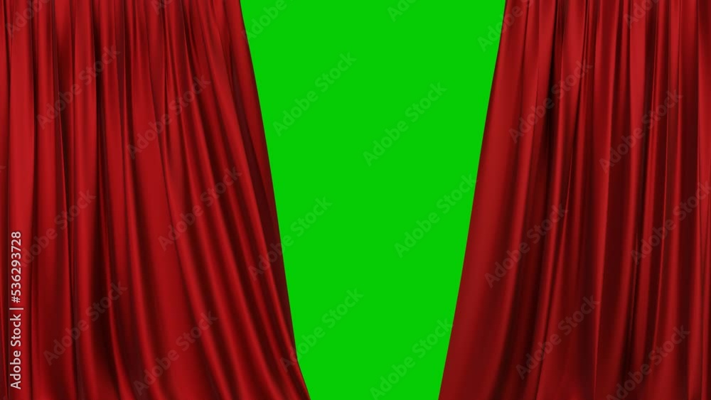 A realistic red fabric curtain with pleats opens on a green screen. Theater curtain. 4K 3D animation