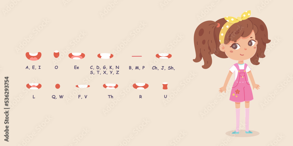 Mouth animation set for girl character vector illustration. Cartoon isolated lips sync and cute child pronounce and study English alphabet, pronunciation speech poses on blue background