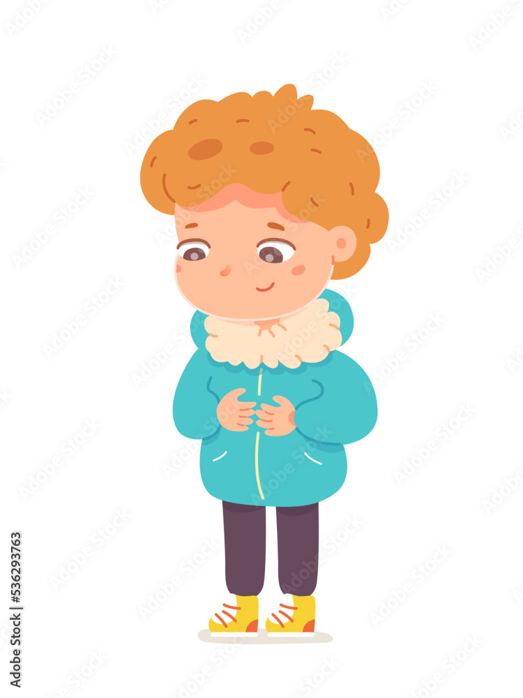 Cute boy holding zipper on warm winter jacket to fasten, isolated child in outerwear Cute boy holding zipper on warm winter jacket to fasten, isolated child in outerwear