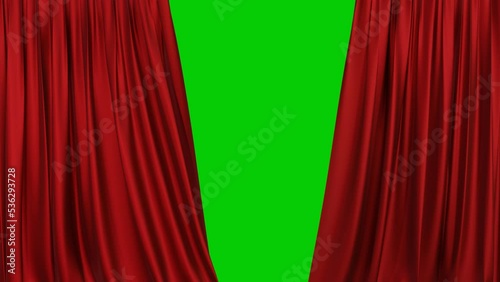 A realistic red fabric curtain with pleats opens on a green screen. Theater curtain. 4K 3D animation photo