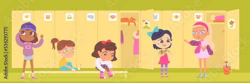 Little kids dress up in school or kindergarten locker room interior vector illustration. Cartoon cute girls wear clothing and shoes in aisle near open door of wardrobe, sit on bench background