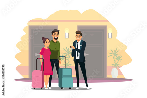 Hotel worker giving apartment key to guests with bags in hand vector illustration. Family standing in corridor in front of entrance doors, tourist character booking room for holidays and travel