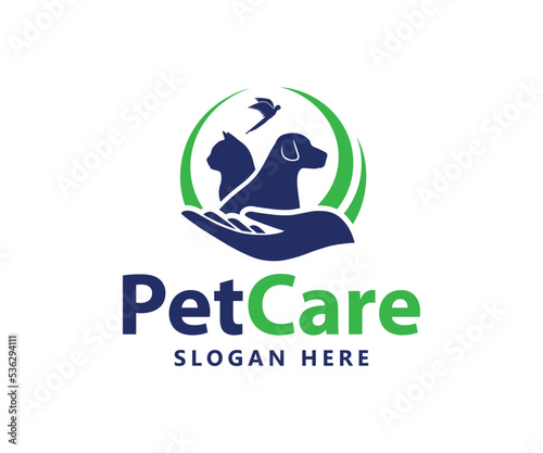 Pet care logo design. Animal care Logo design template. Pet logo design with dog, cat, bird, and hand vector template