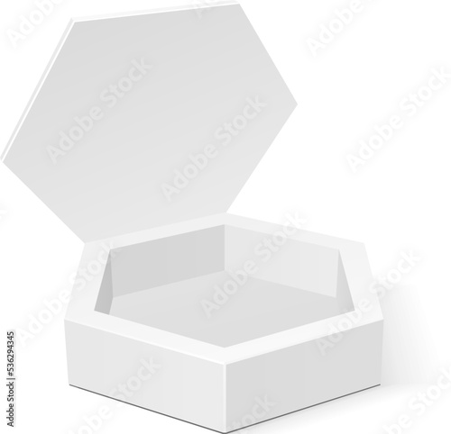 Open White Cardboard Hexagon Box Packaging For Food, Gift Or Other Products. Illustration Isolated On White Background. Mock Up Template Ready For Your Design. Product Packing Vector EPS10