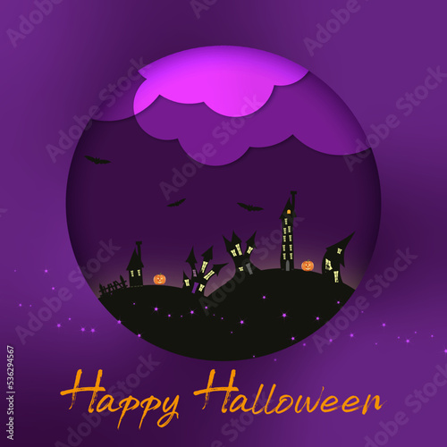 happy halloween plakat pocztówka księżyc północ wiedźma czary magia domki drzewo straszyć duch straszny zabawa impreza