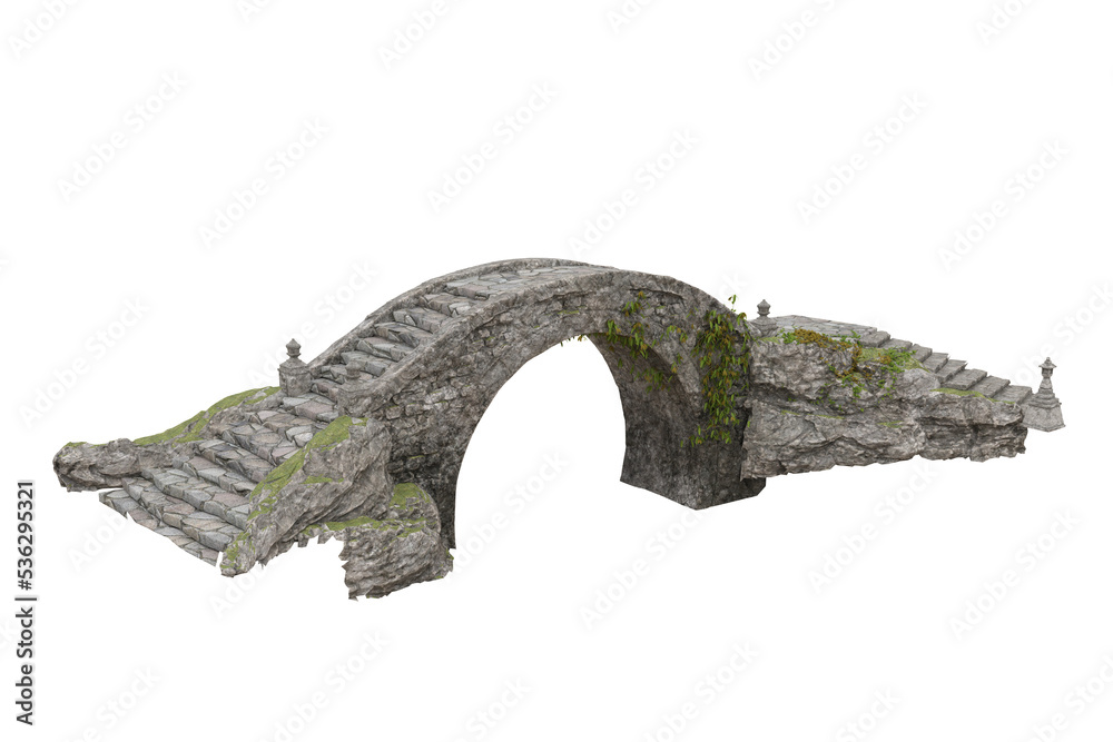 Fototapeta premium 3D illustration of ivy covered old grey stone bridge isolated.