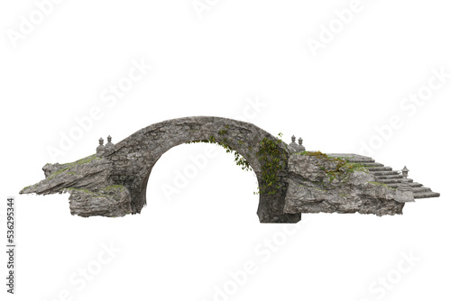 Old grey stone bridge with ivy growing on the side. 3D rendering isolated.