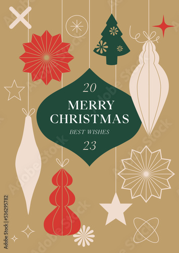 Vector modern Merry Christmas greetings card with traditional christmas decoration.