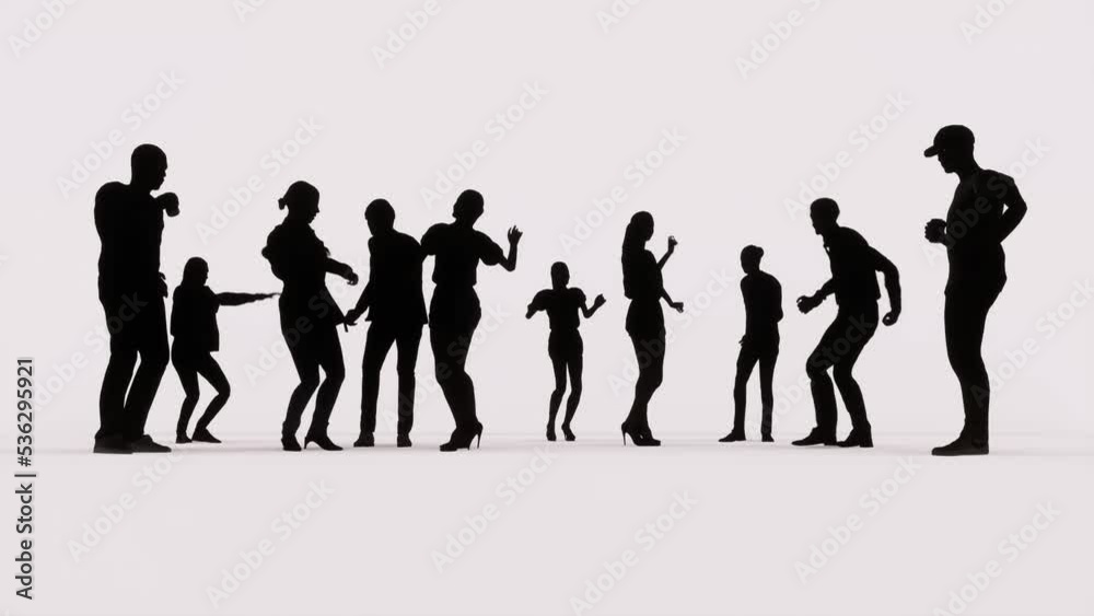 People's silhouettes dancing and having fun on white background. People silhouettes 3D animation. People's silhouettes dancing and having fun on white background. People silhouettes 3D animation.