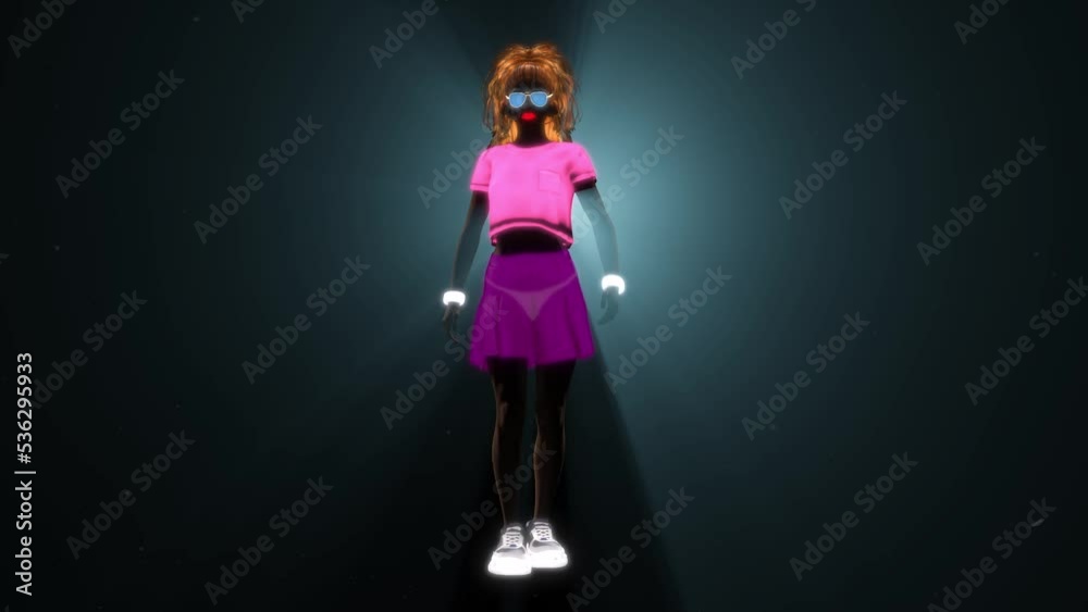 Techno girl wearing a short skirt and short sleeve T-shirt, with neon glowing bracelets and shoes, and yellow hair, dancing in front of volumetric light, with light rays coming through, 3D animation Techno girl wearing a short skirt and short sleeve T-shirt, with neon glowing bracelets and shoes, and yellow hair, dancing in front of volumetric light, with light rays coming through, 3D animation