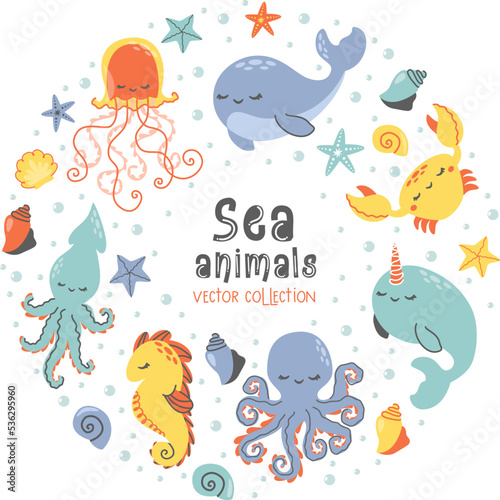 Vector collection of sea animals. Jellyfish, seahorse, whale, narwhal, octopus, turtle, seashells and starfish, bubbles. Vector animals on white background in circular composition