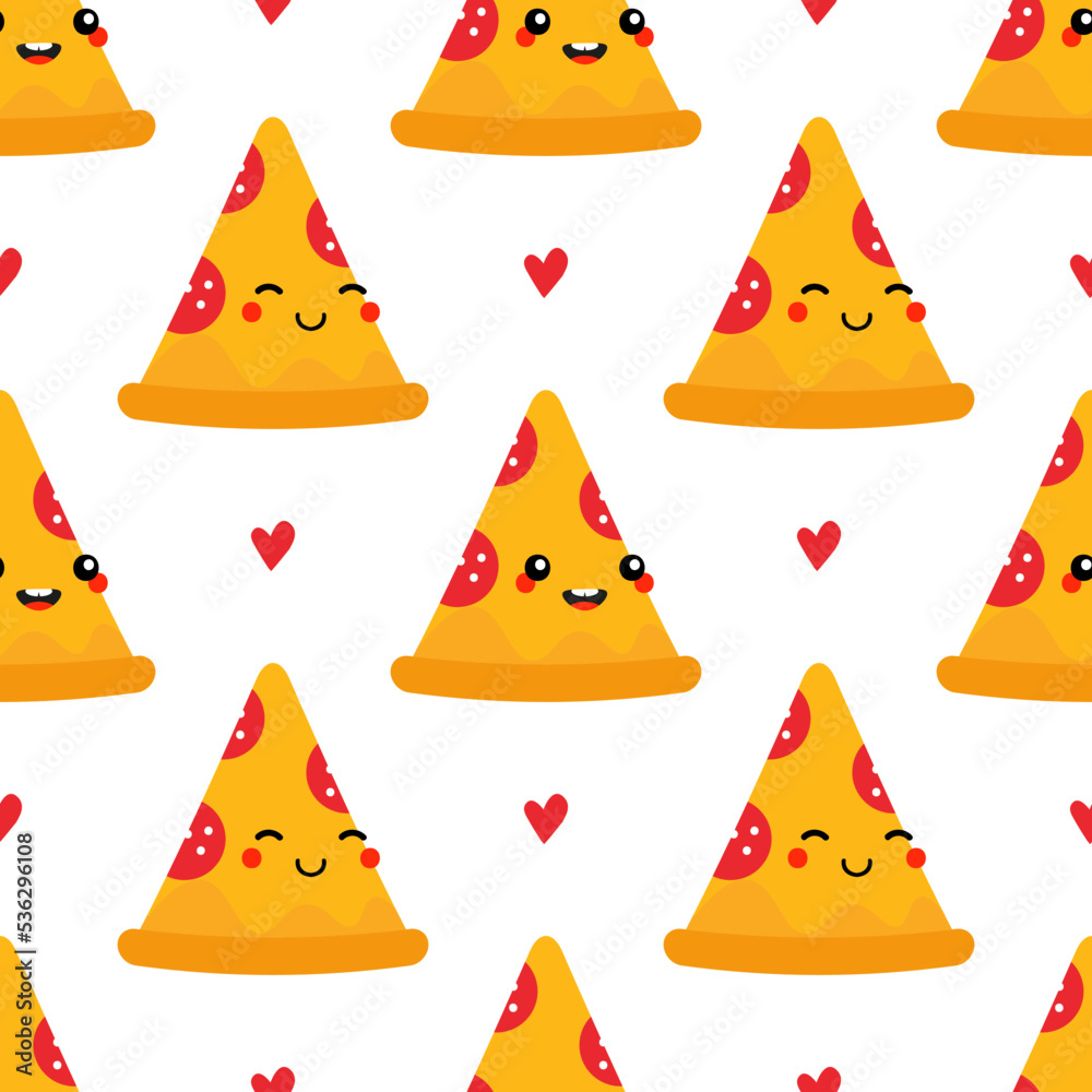 Cute cartoon style pizza slice characters and red hearts vector seamless pattern background for food, fast food design.
