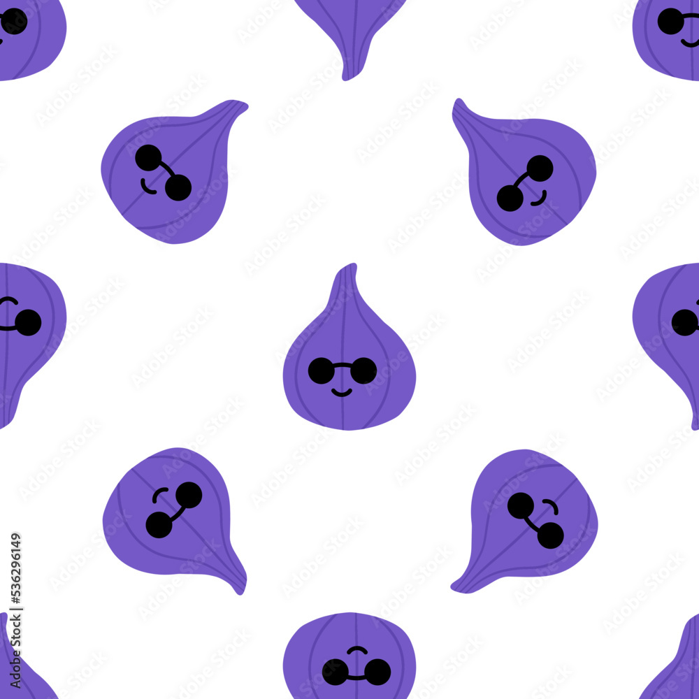Cute cartoon style fig characters wearing sunglasses vector seamless pattern background.
