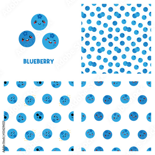 Cute cartoon style blueberry characters and set, collection of three blueberry vector seamless pattern backgrounds. 
