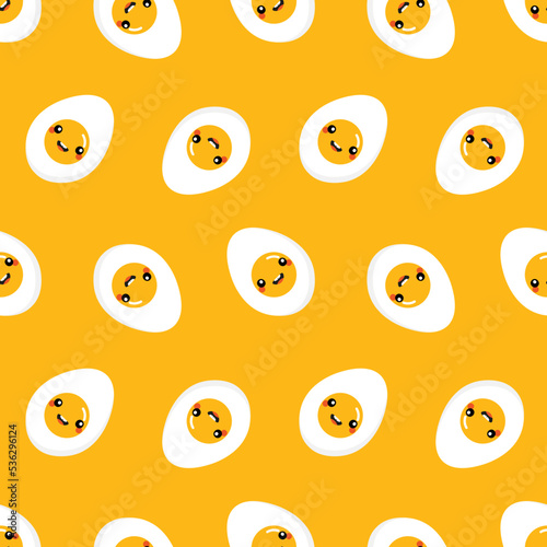 Cute cartoon style smiling egg characters vector seamless pattern background. 