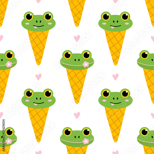 Cute cartoon style green frog ice cream cones and hearts vector seamless pattern background. 
