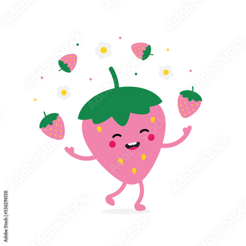 Cute happy cartoon style pink strawberry character juggling little strawberries and flowers.
 