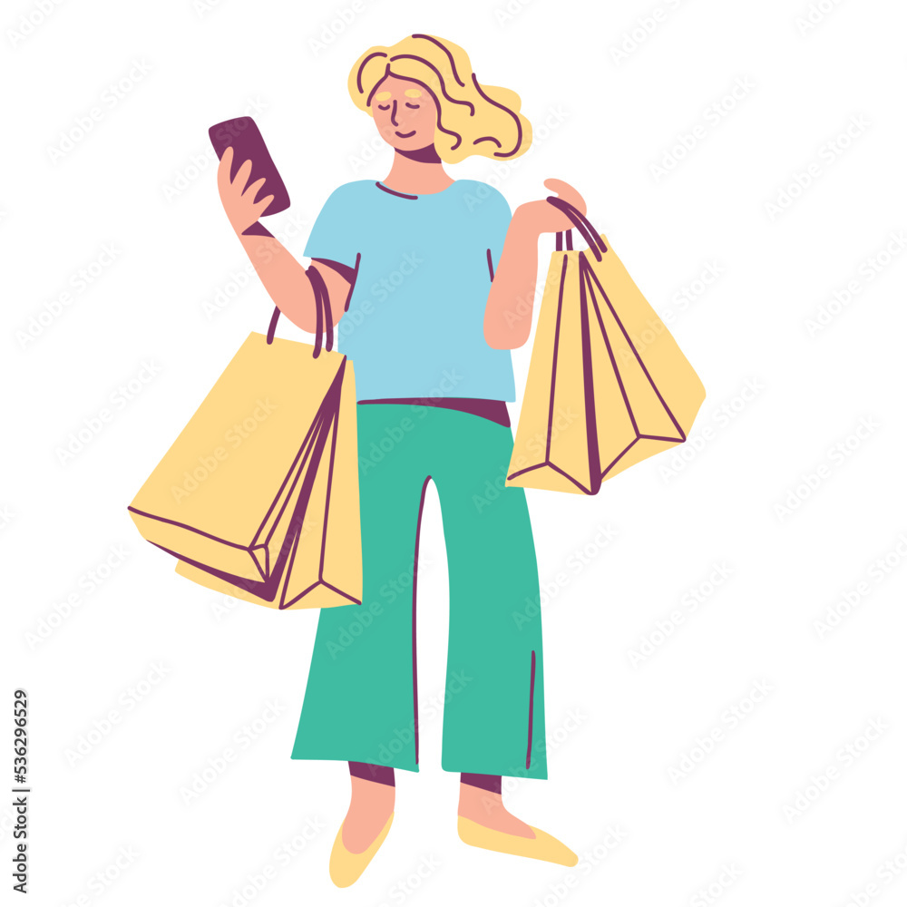Female character with shopping bags and mobile phone. Urban lifestyle and online shopping. Hand drawn flat vector illustration