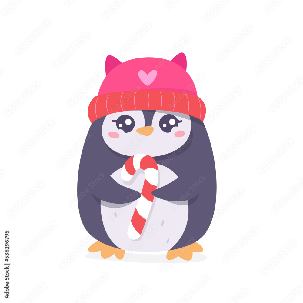 Cute penguin with candy, baby penguin with red hat holding spiral lollipop, eating snack