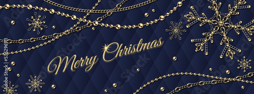 Horizontal jewelry banner with fancy snowflakes made of gold and silver chains, shiny ball beads. Blue classic rhombic grid on a background. Elegant jewelry illustration with copy space