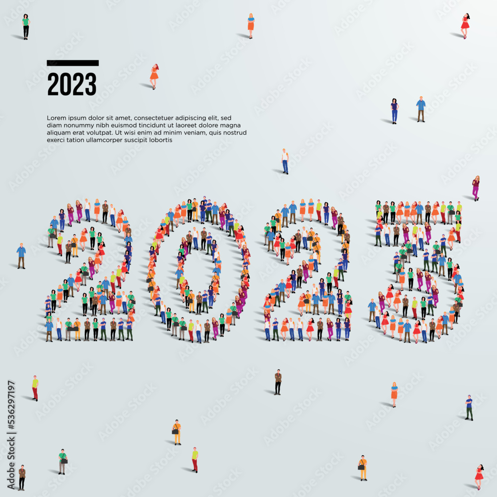 2023 happy new year greeting card design. A large group of people form to create the year number 2023 or twenty twenty three 2023 happy new year greeting card design. A large group of people form to create the year number 2023 or twenty twenty three