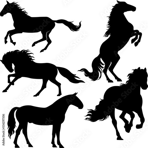 a set of vector silhouettes of horses and people riding them  isolated on a white background.
