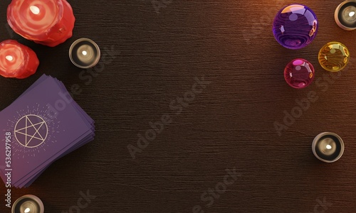 Top view Halloween concept. Decorations, tarot card, candle, 
spider on wood background. Halloween party greeting card, Poster, headers for website mockup with copy space. 3d render.