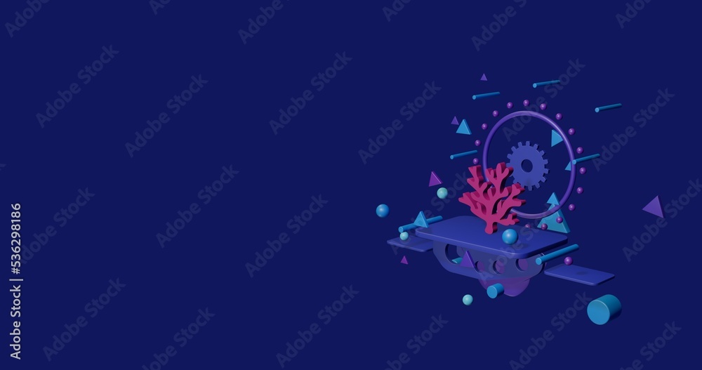 Fototapeta premium Pink coral symbol on a pedestal of abstract geometric shapes floating in the air. Abstract concept art with flying shapes on the right. 3d illustration on indigo background