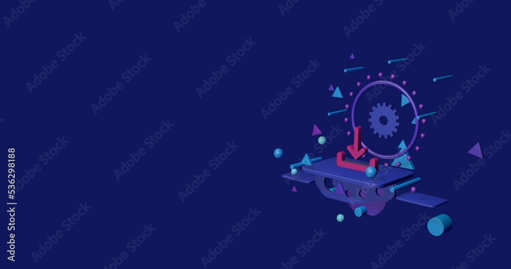 Pink download symbol on a pedestal of abstract geometric shapes floating in the air. Abstract concept art with flying shapes on the right. 3d illustration on indigo background