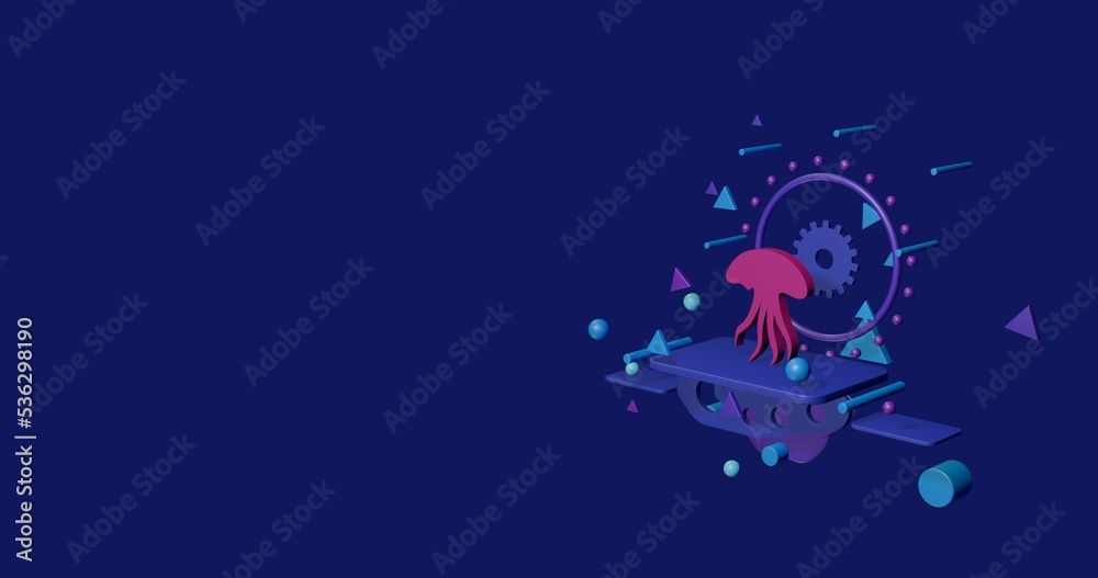 Pink jellyfish symbol on a pedestal of abstract geometric shapes floating in the air. Abstract concept art with flying shapes on the right. 3d illustration on indigo background