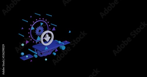 White download symbol on a pedestal of abstract geometric shapes floating in the air. Abstract concept art with flying shapes on the left. 3d illustration on black background