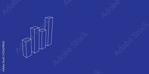 The outline of a large chart line symbol made of white lines on the left. 3D view of the object in perspective. Vector illustration on indigo background